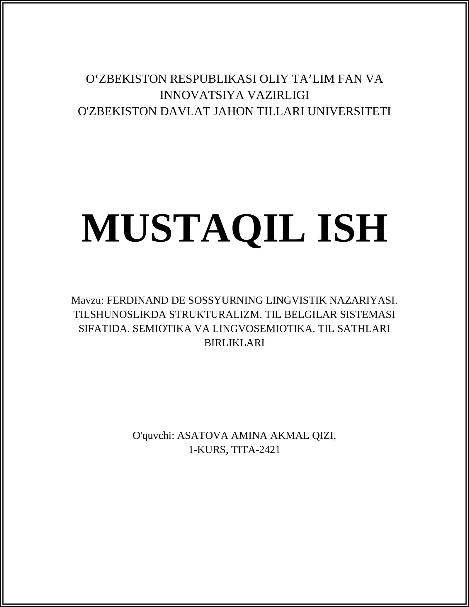 FERDINAND DE SOSSYURNING LINGVISTIK NAZARIYASI