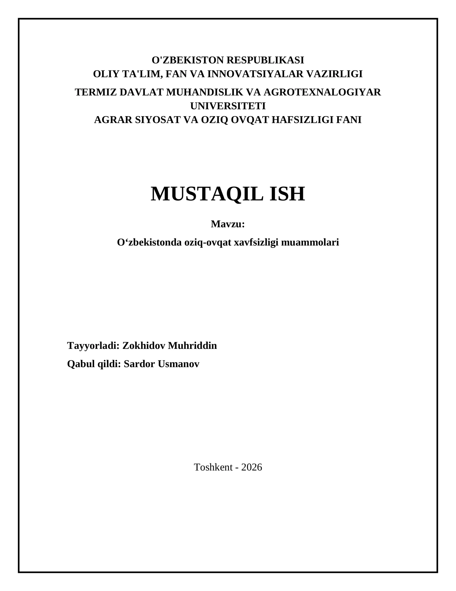 O‘zbekistonda oziq-ovqat xavfsizligi muammolari