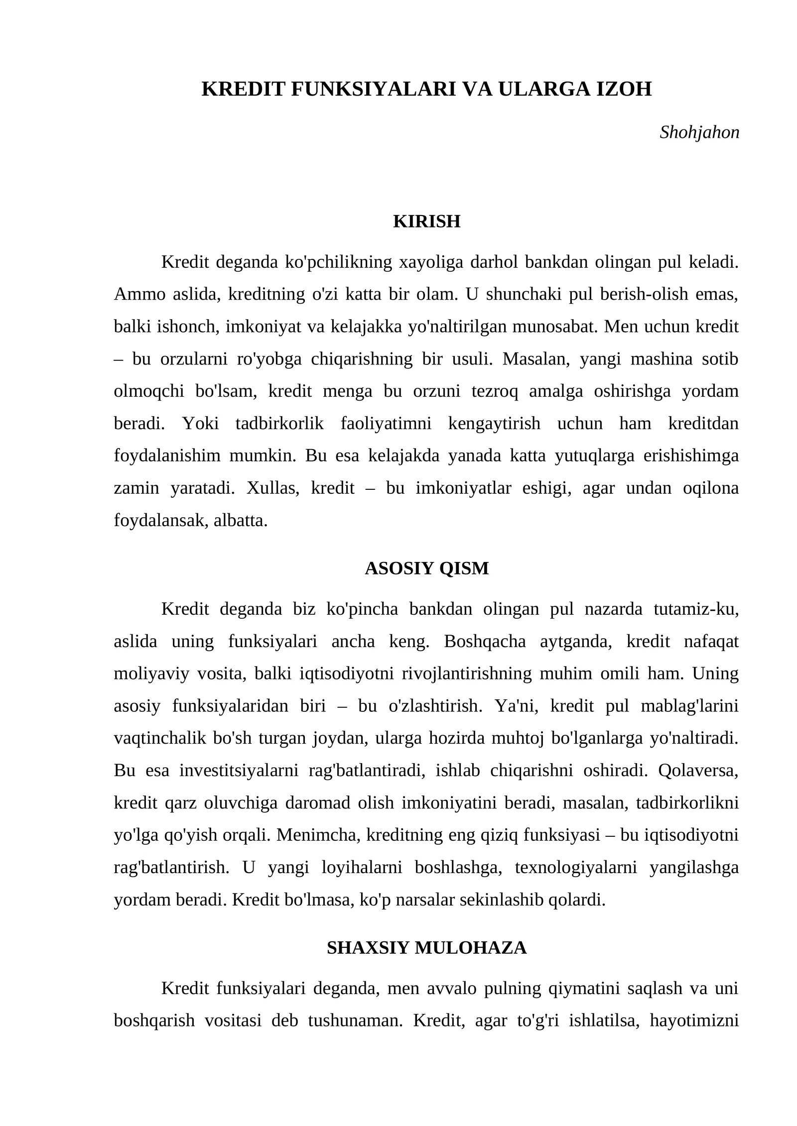 KREDIT FUNKSIYALARI VA ULARGA IZOH