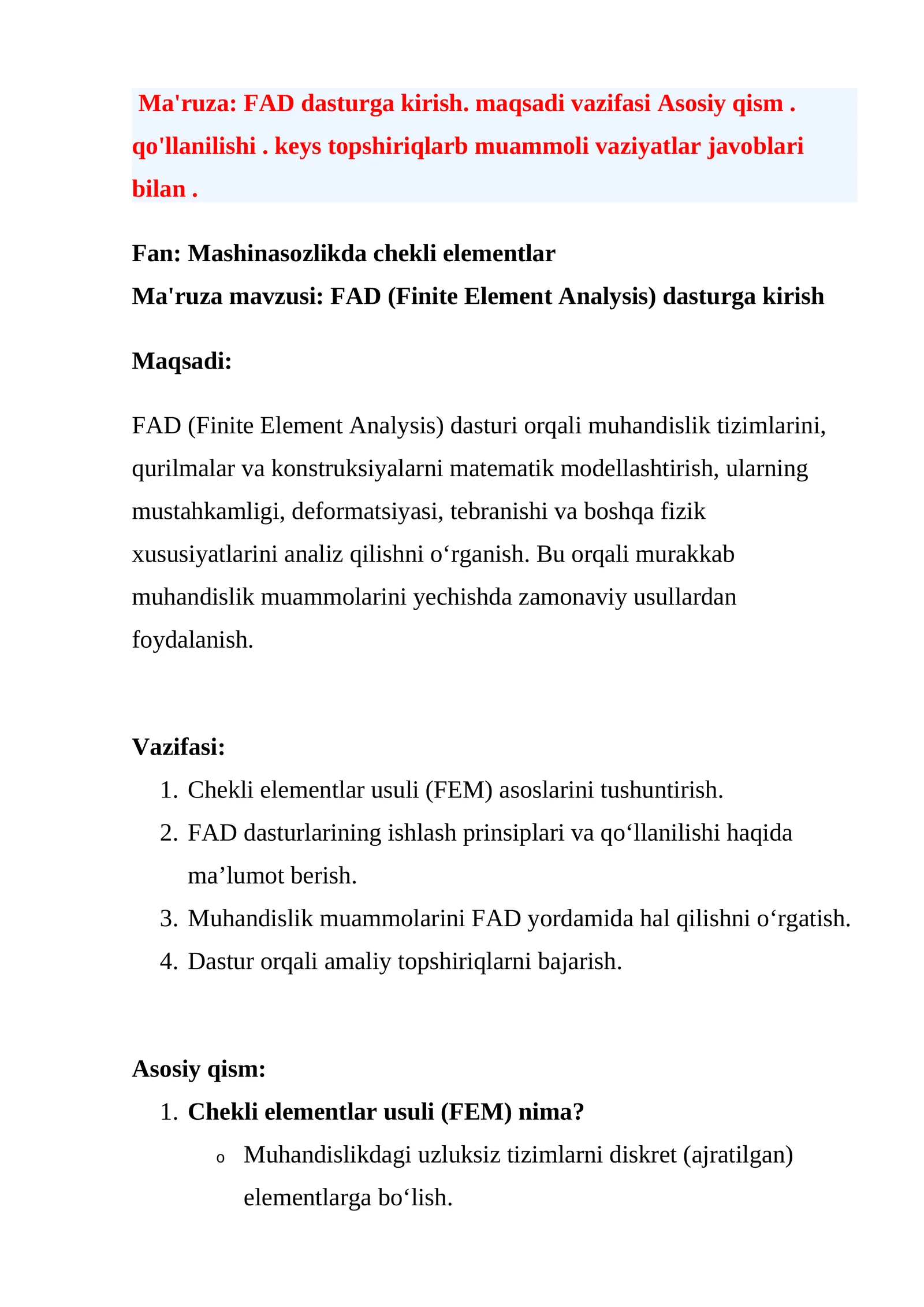 FAD (Finite Element Analysis) dasturga kirish