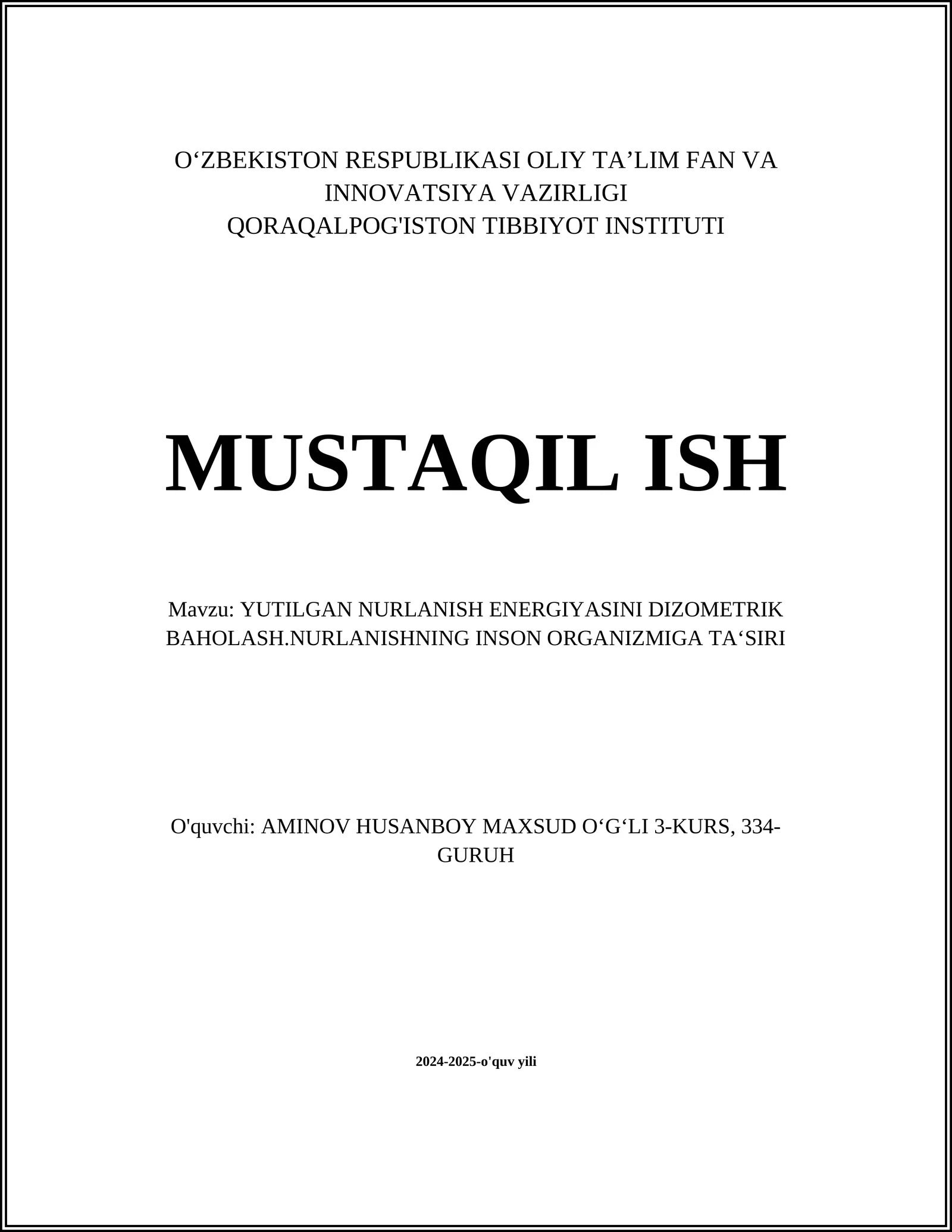 YUTILGAN NURLANISH ENERGIYASINI DIZOMETRIK BAHOLASH