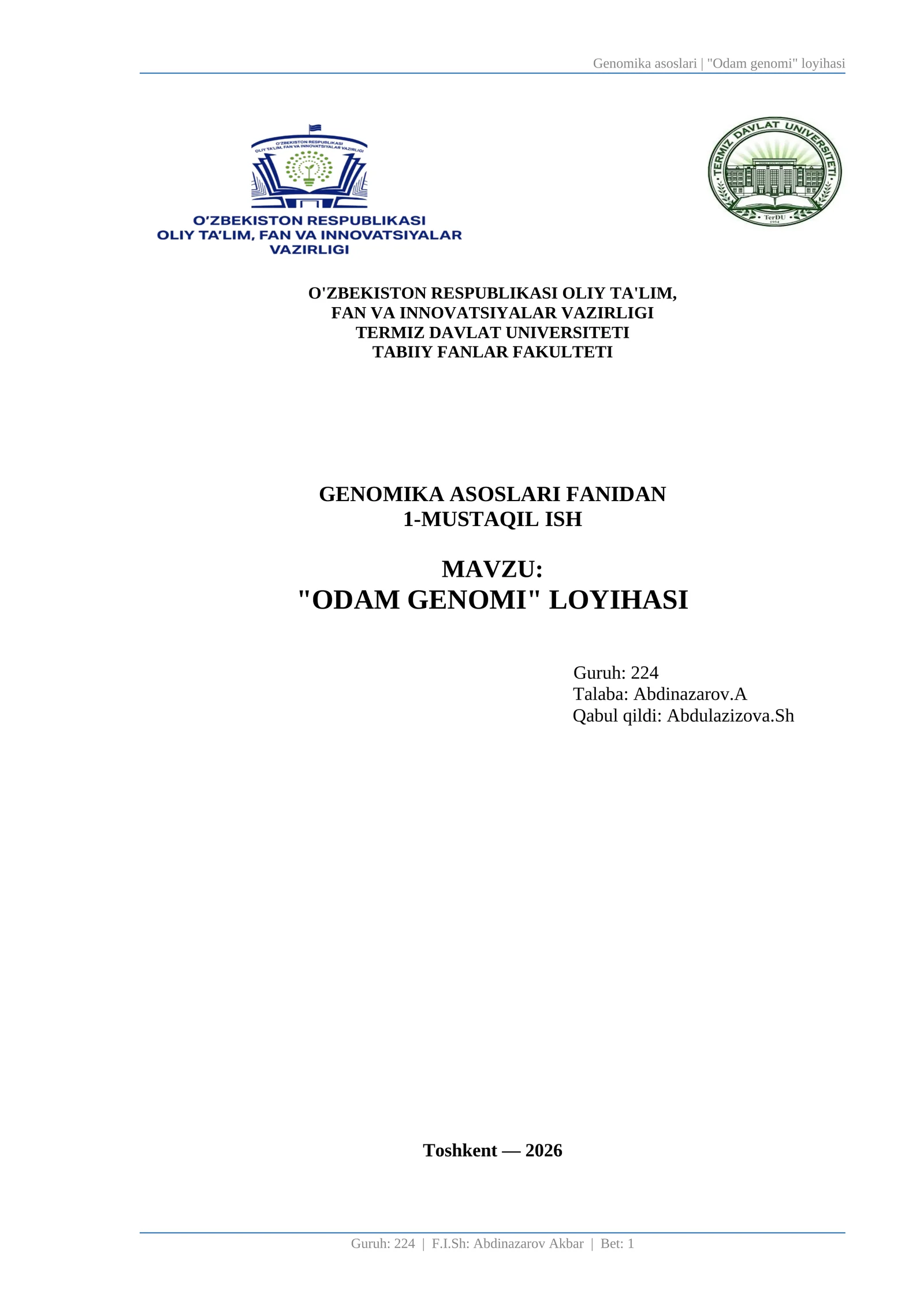 "ODAM GENOMI" LOYIHASI