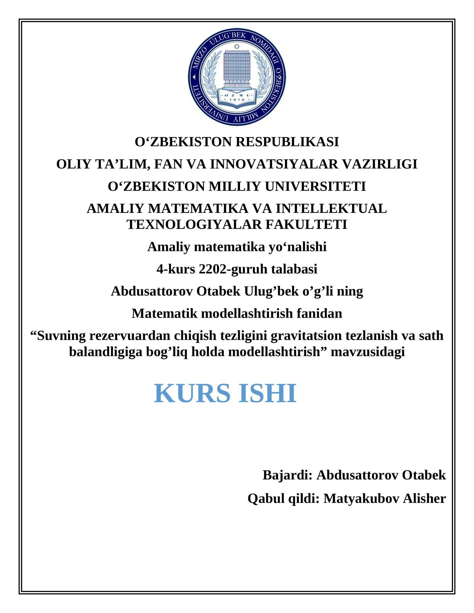 Suvning rezervuardan chiqish tezligini gravitatsion tezlanish va sath balandligiga bog’liq holda modellashtirish