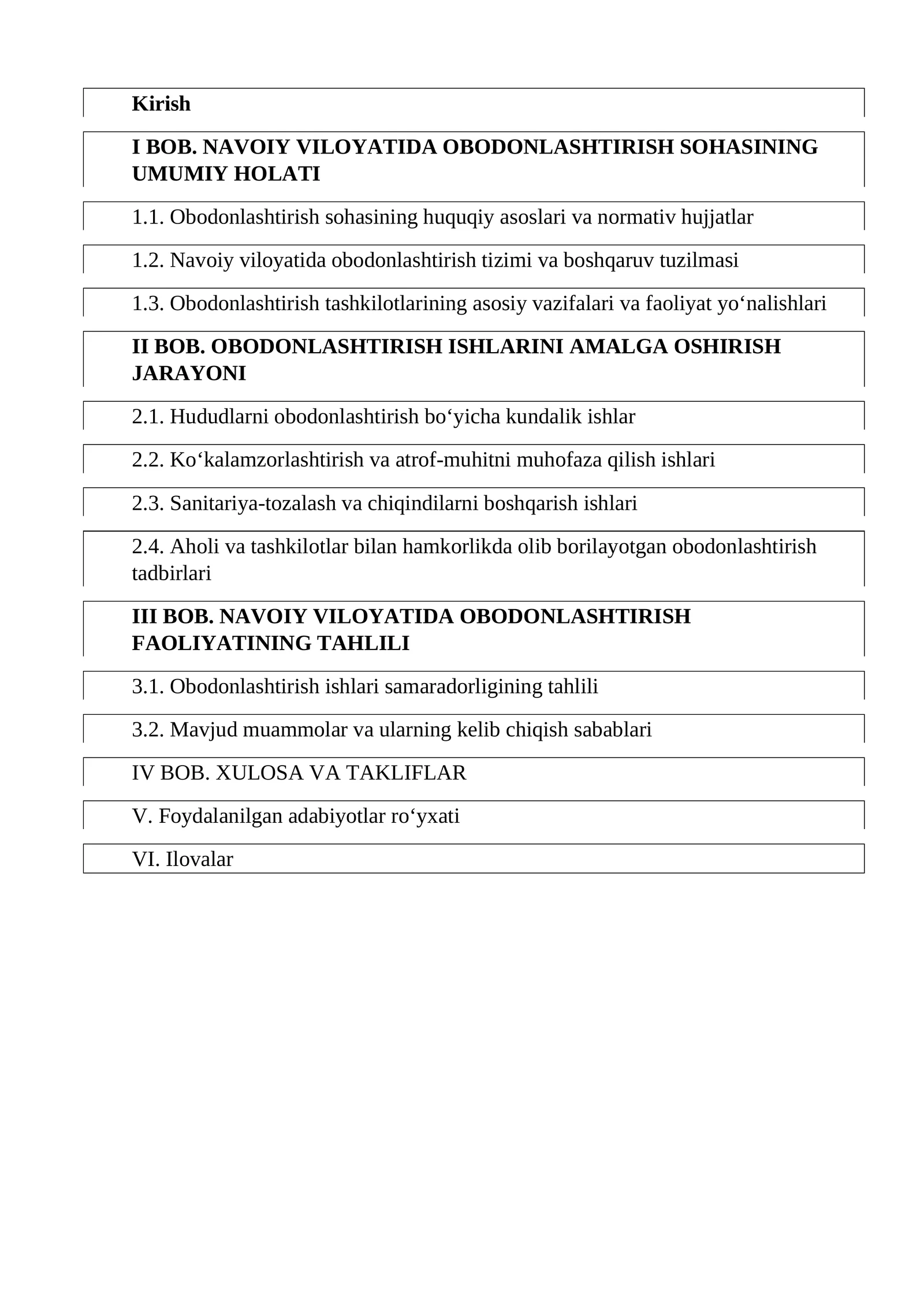 NAVOIY VILOYATIDA OBODONLASHTIRISH SOHASINING UMUMIY HOLATI