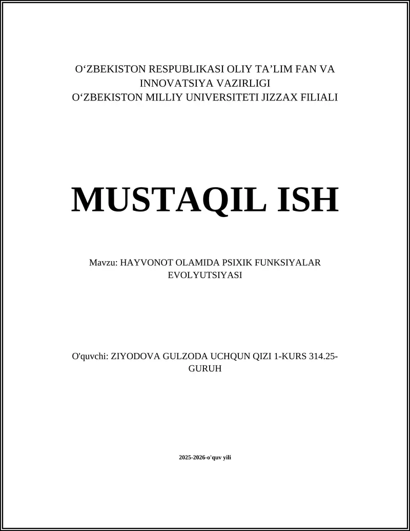 HAYVONOT OLAMIDA PSIXIK FUNKSIYALAR EVOLYUTSIYASI