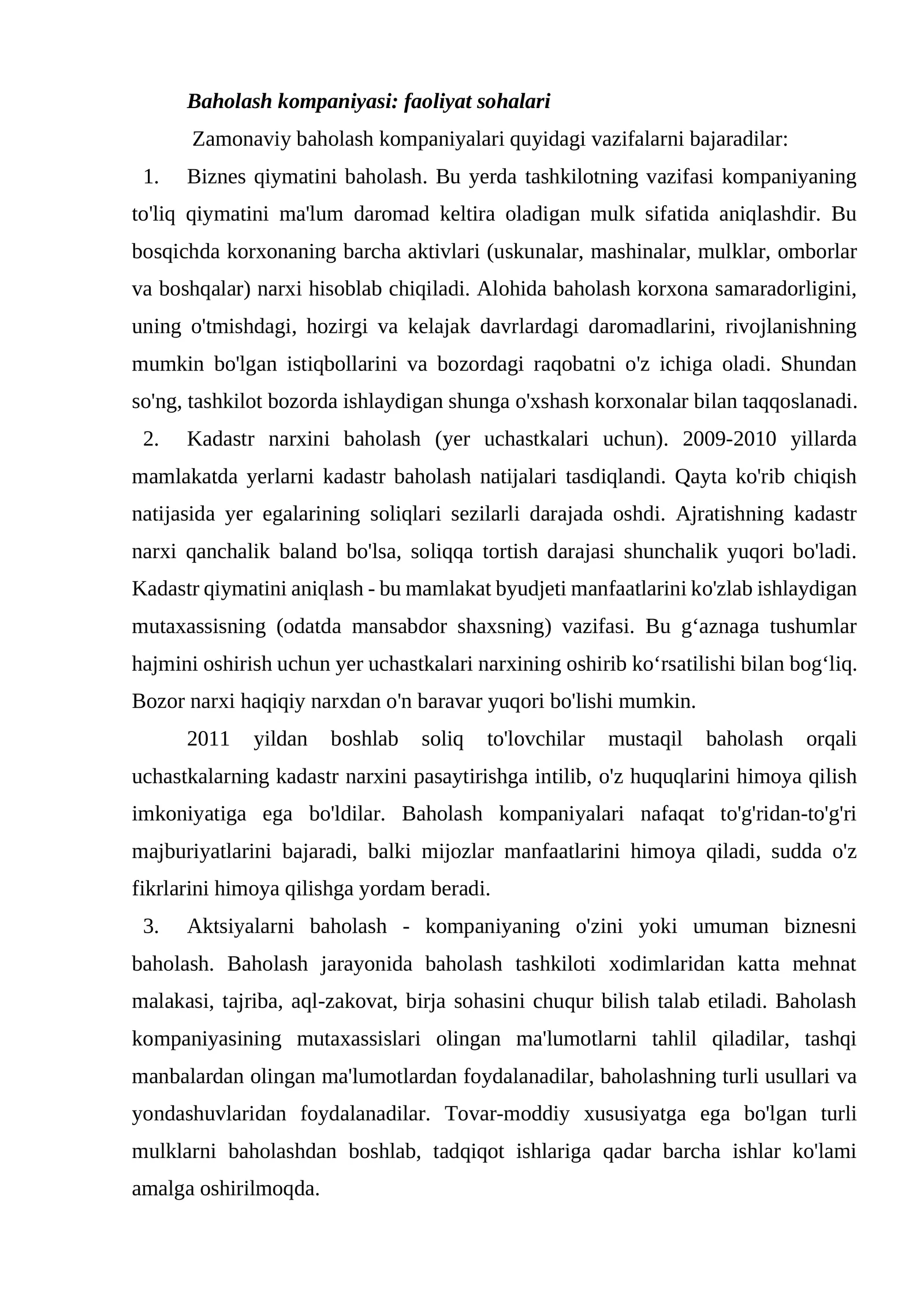 Baholash kompaniyasi: faoliyat sohalari