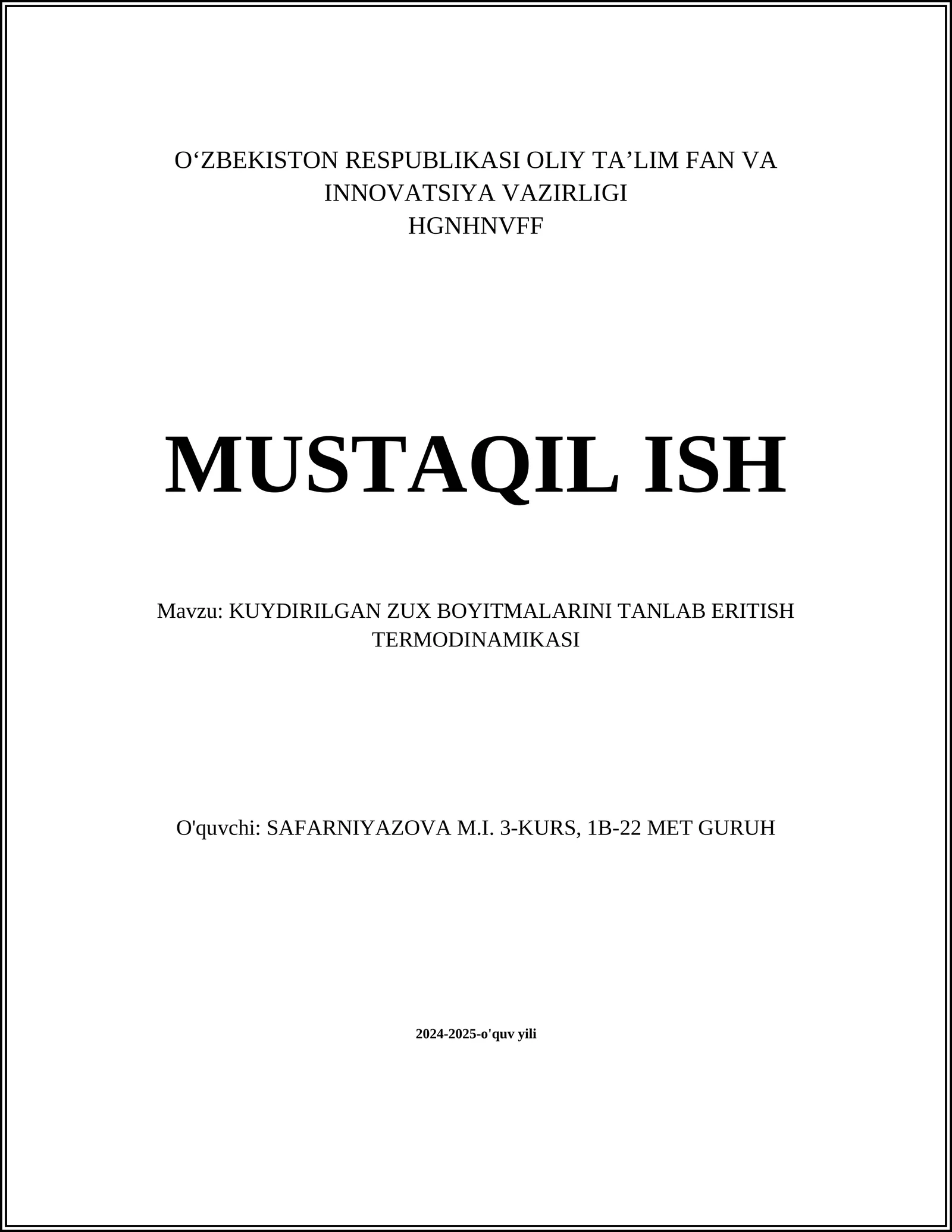 KUYDIRILGAN ZUX BOYITMALARINI TANLAB ERITISH TERMODINAMIKASI