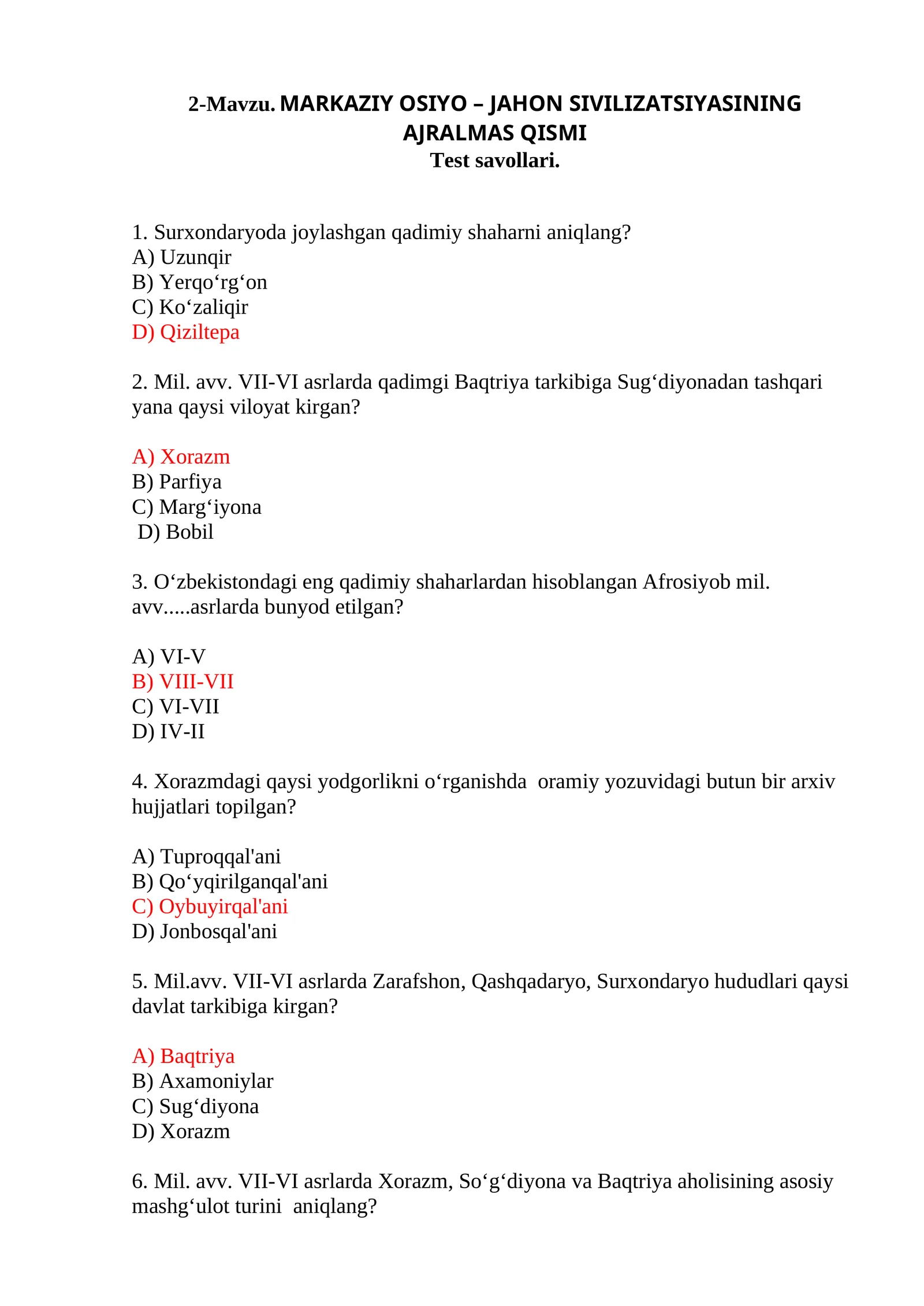 MARKAZIY OSIYO – JAHON SIVILIZATSIYASINING AJRALMAS QISMI