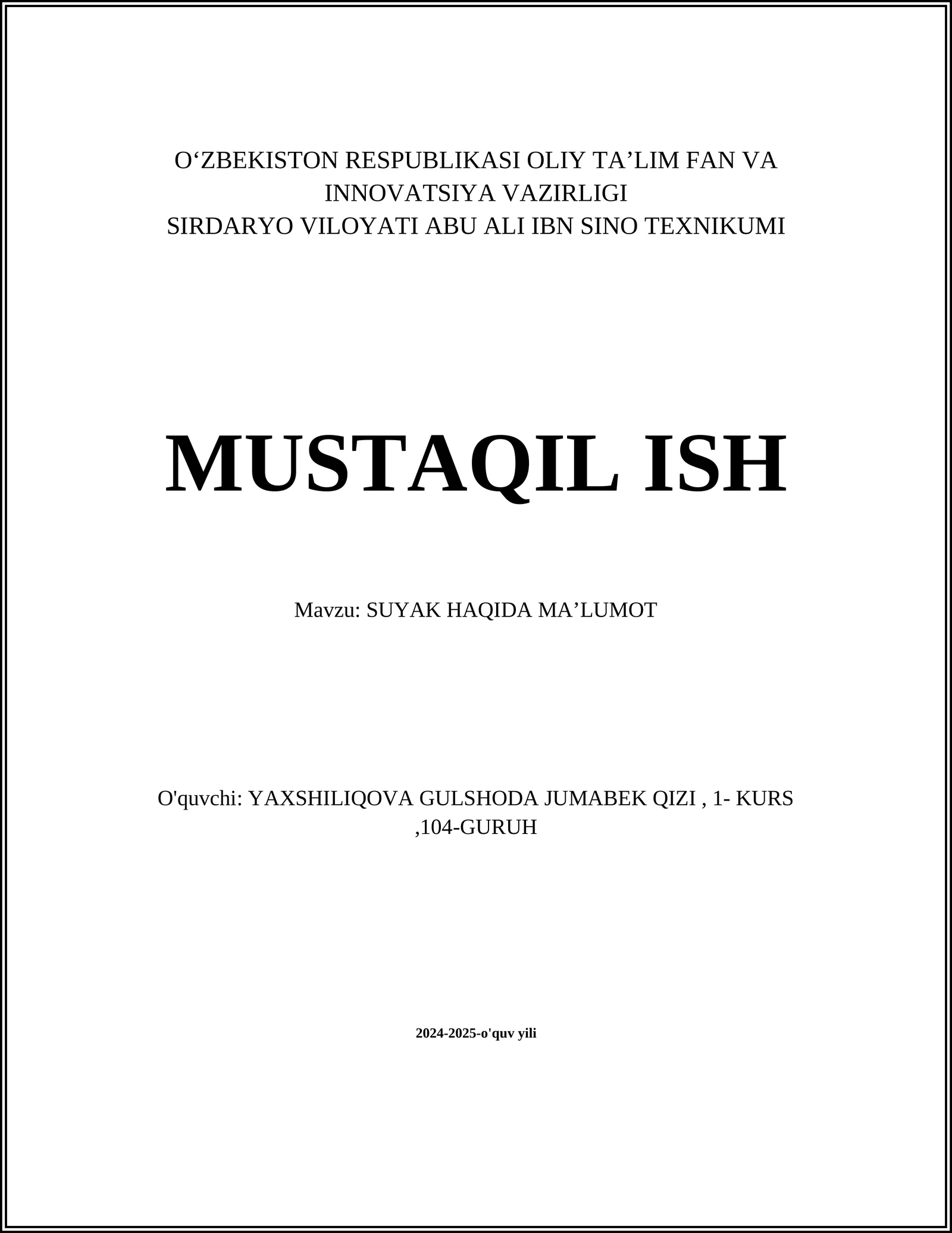 SUYAK HAQIDA MAʼLUMOT