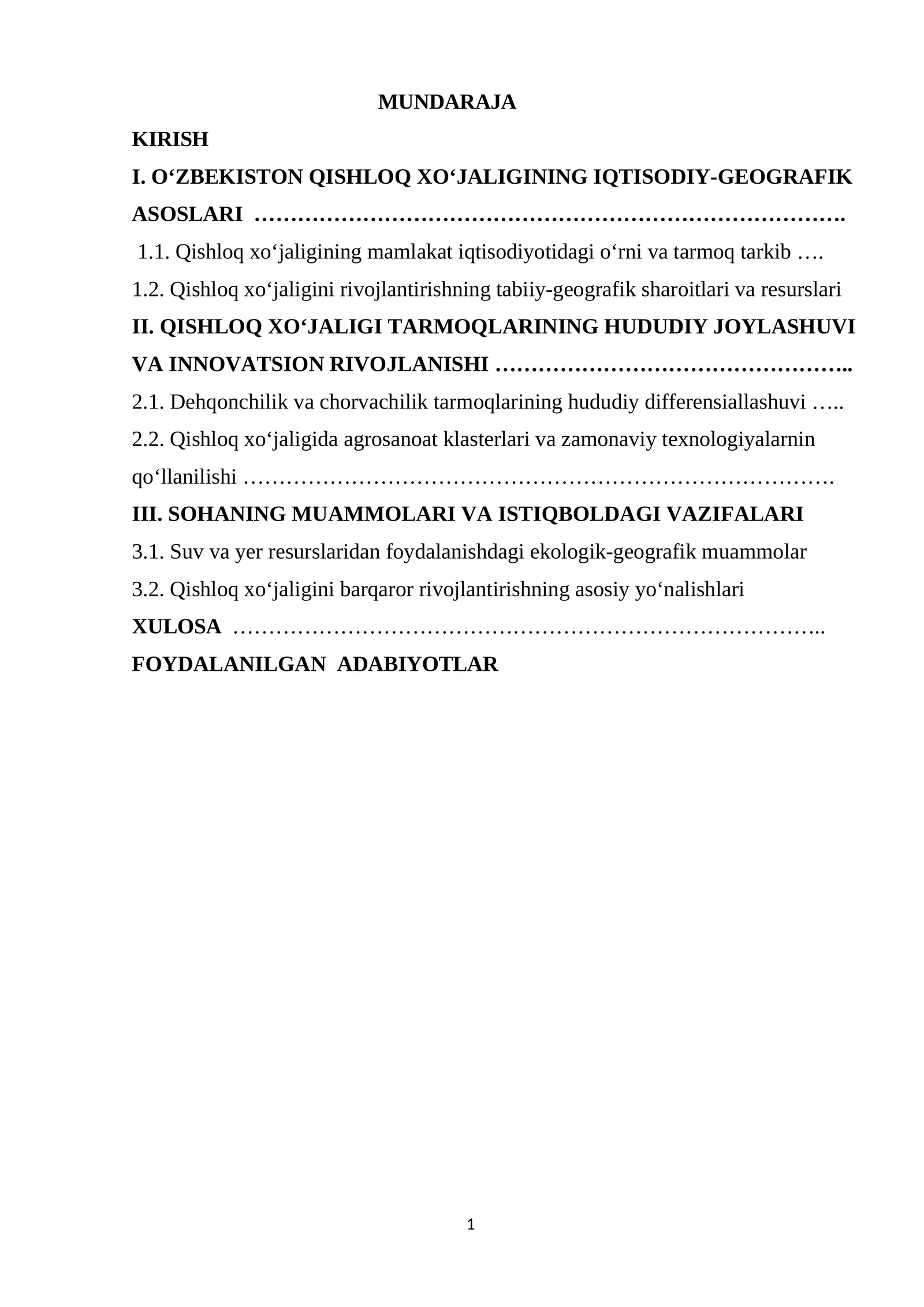 O’ZBEKISTON QISHLOQ XO’JALIGIGA UMUMIY GEOGRAFIK TAVSIF