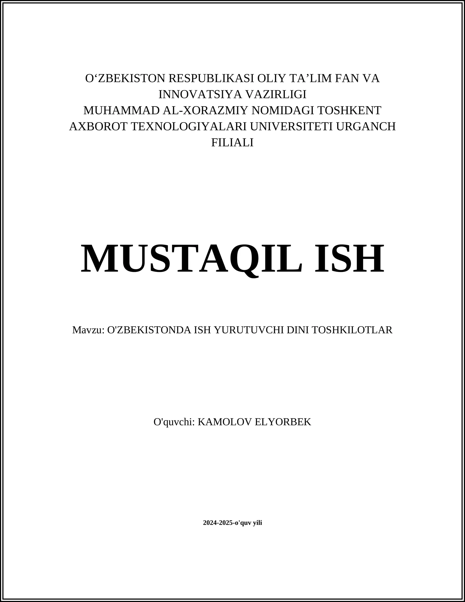 O'ZBEKISTONDA ISH YURUTUVCHI DINI TOSHKILOTLAR