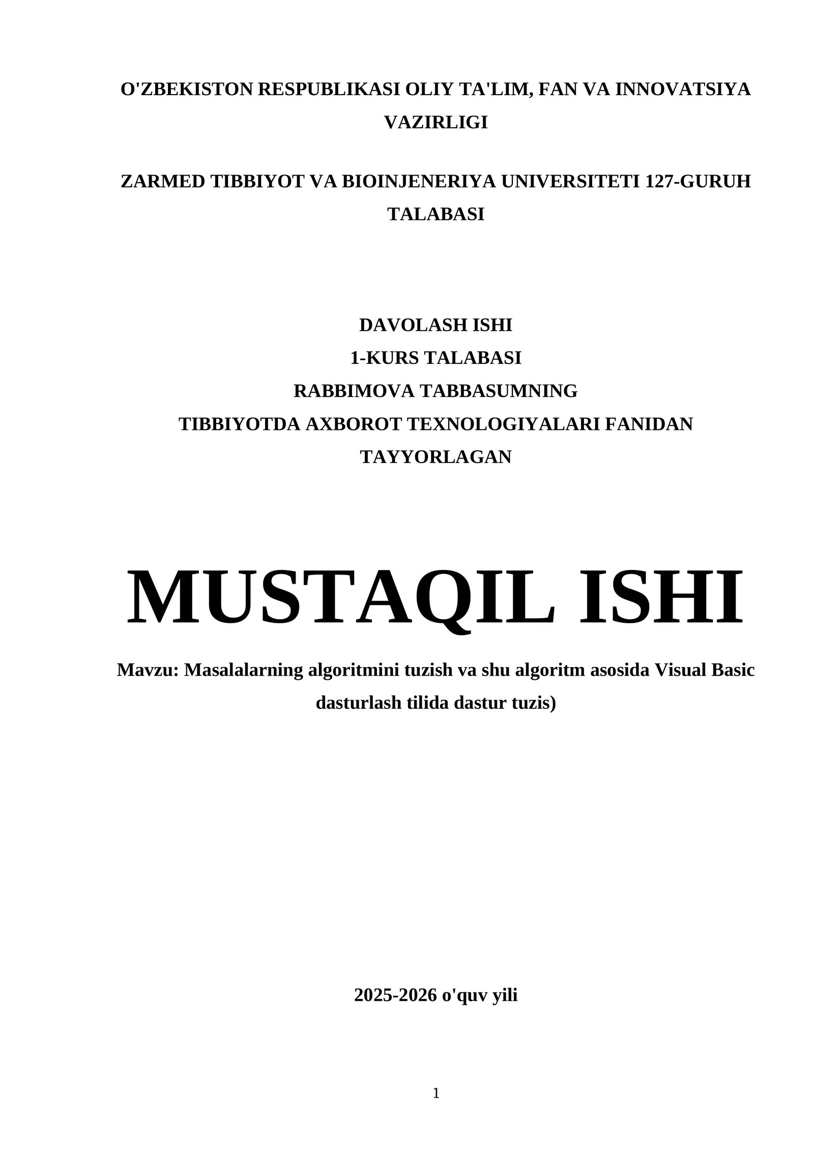Masalalarning algoritmini tuzish va shu algoritm asosida Visual Basic dasturlash tilida dastur tuzis)