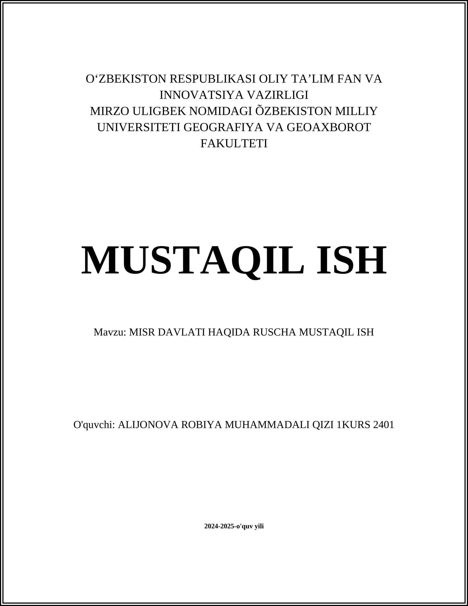 MISR DAVLATI HAQIDA RUSCHA MUSTAQIL ISH