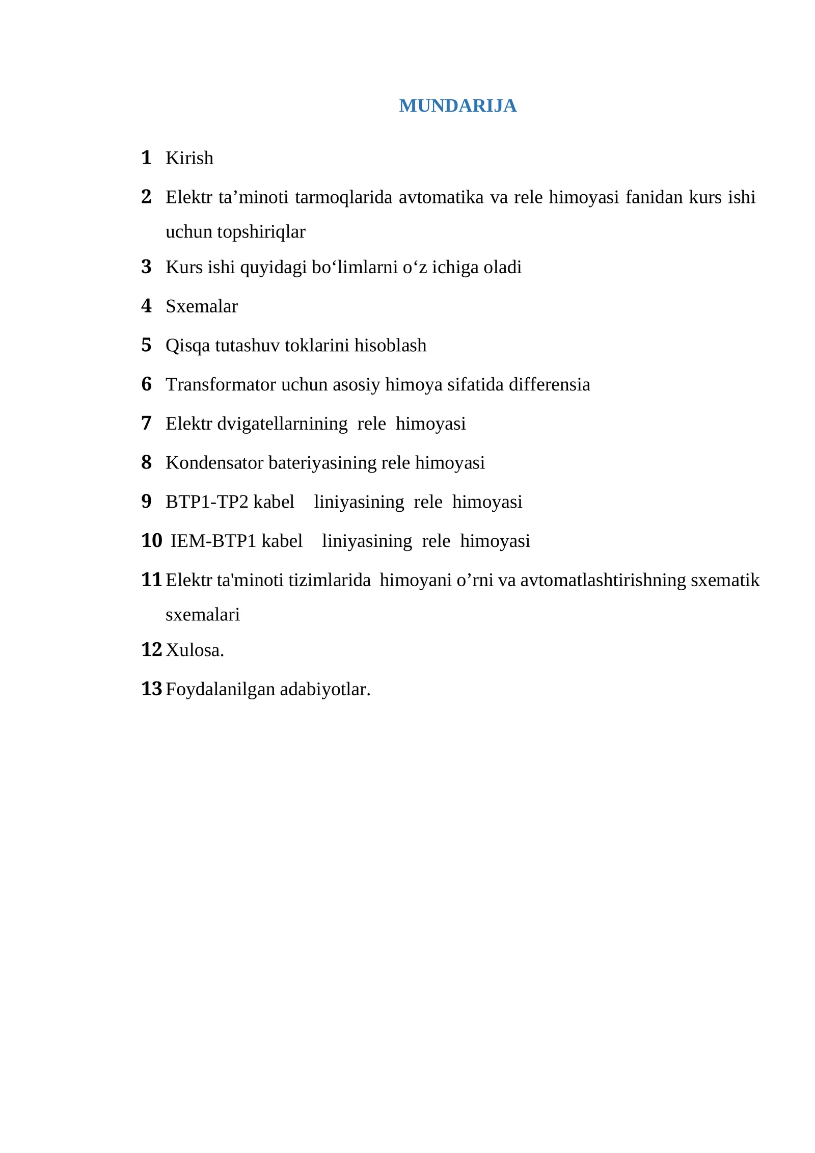 Elektr ta’minoti tarmoqlarida avtomatika va rele himoyasi fanidan kurs ishi uchun topshiriqlar