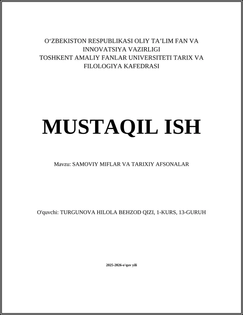 SAMOVIY MIFLAR VA TARIXIY AFSONALAR