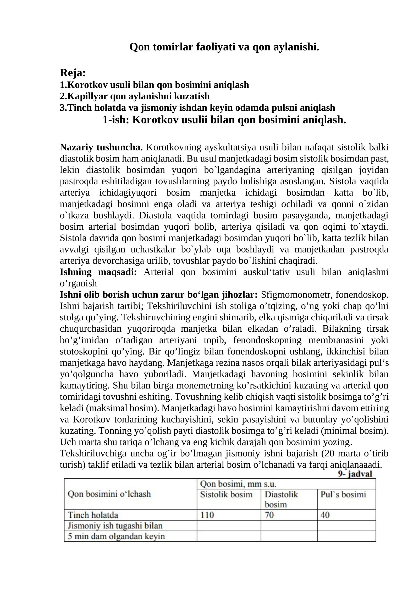 Qon tomirlar faoliyati va qon aylanishi