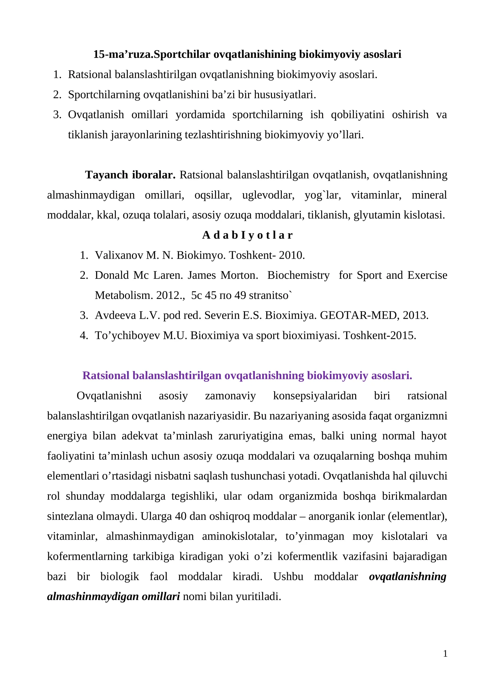 15-ma’ruza.Sportchilar ovqatlanishining biokimyoviy asoslari