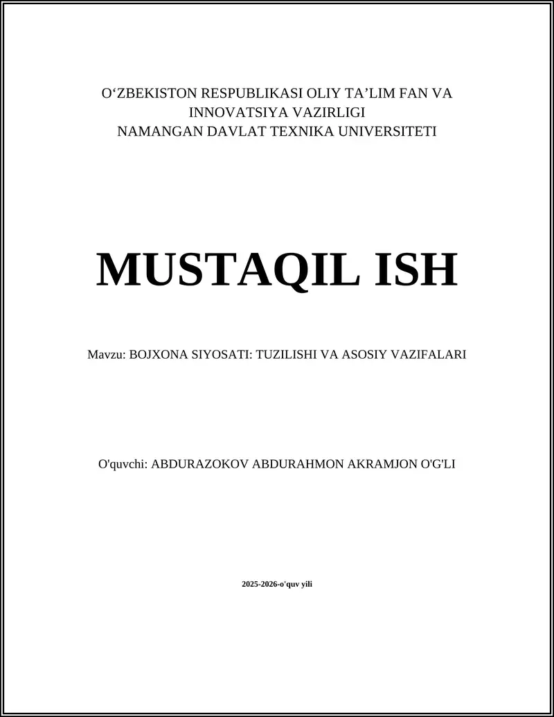 BOJXONA SIYOSATI: TUZILISHI VA ASOSIY VAZIFALARI