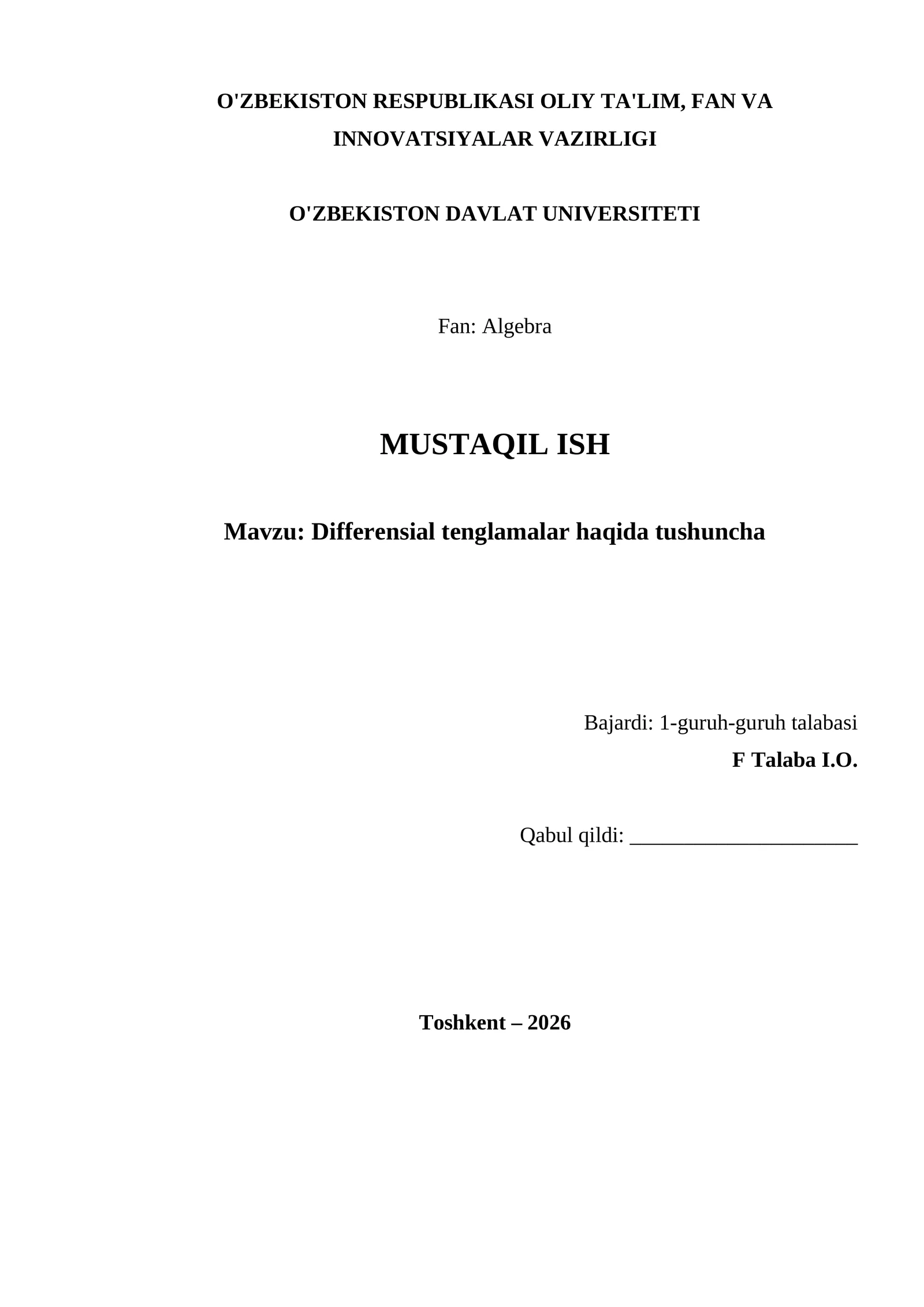 Differensial tenglamalar haqida tushuncha