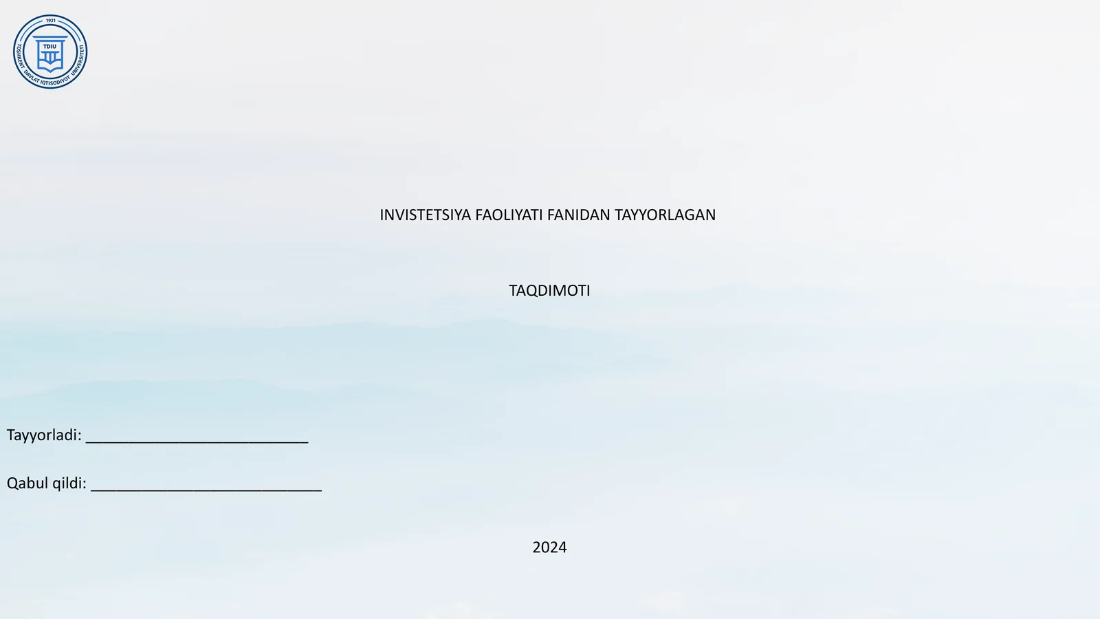 INVISTETSIYA FAOLIYATI FANIDAN TAYYORLAGAN TAQDIMOTI
