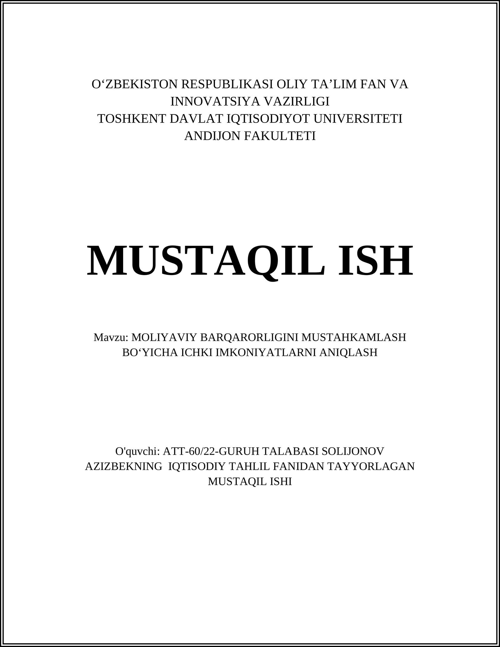 MOLIYAVIY BARQARORLIGINI MUSTAHKAMLASH BOʻYICHA ICHKI IMKONIYATLARNI ANIQLASH