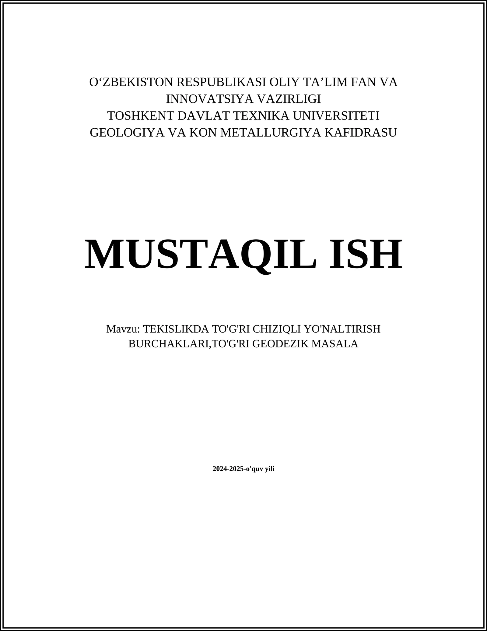 TEKISLIKDA TO'G'RI CHIZIQLI YO'NALTIRISH BURCHAKLARI, TO'G'RI GEODEZIK MASALA