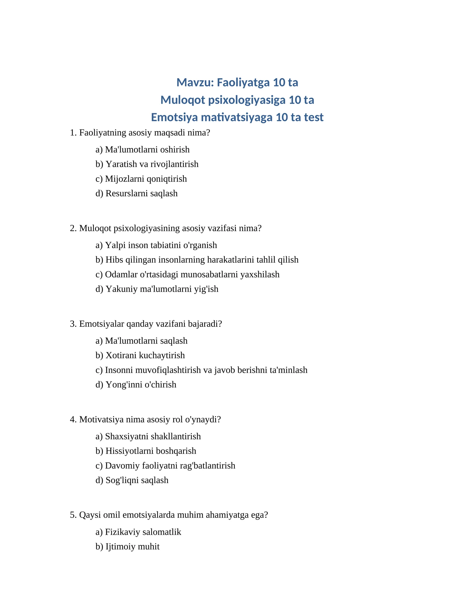 Emotsiya mativatsiyaga 10 ta test