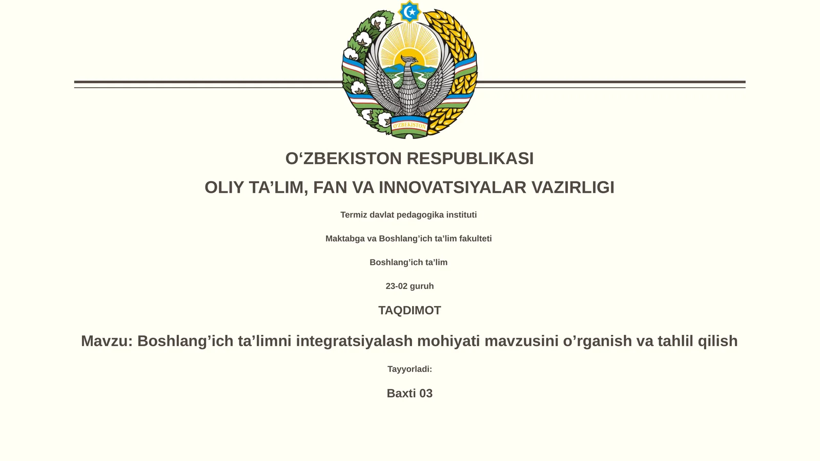 Boshlangʼich taʼlimni integratsiyalash mohiyati mavzusini oʼrganish va tahlil qilish