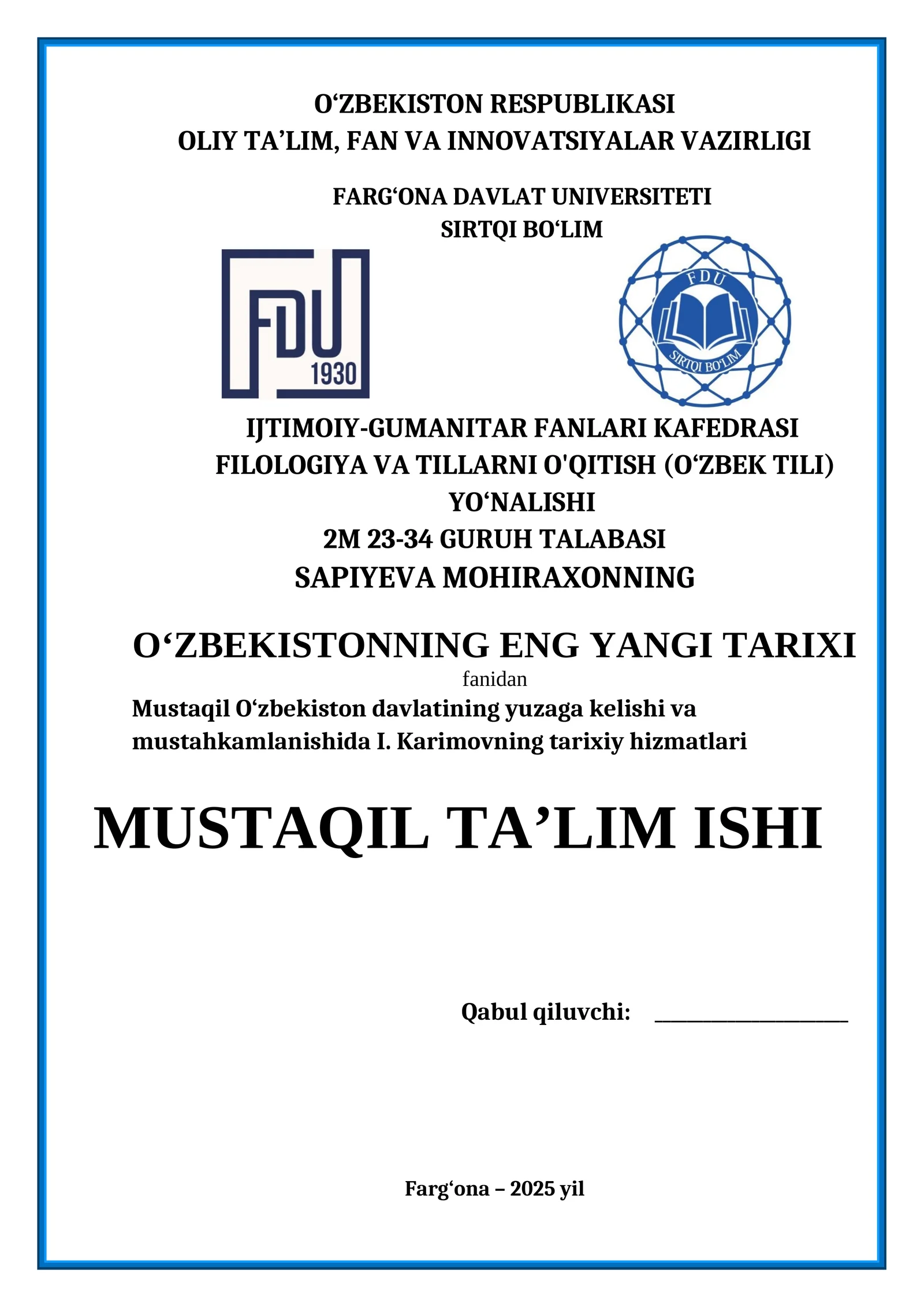 Mustaqil O‘zbekiston davlatining yuzaga kelishi va mustahkamlanishida I. Karimovning tarixiy hizmatlari