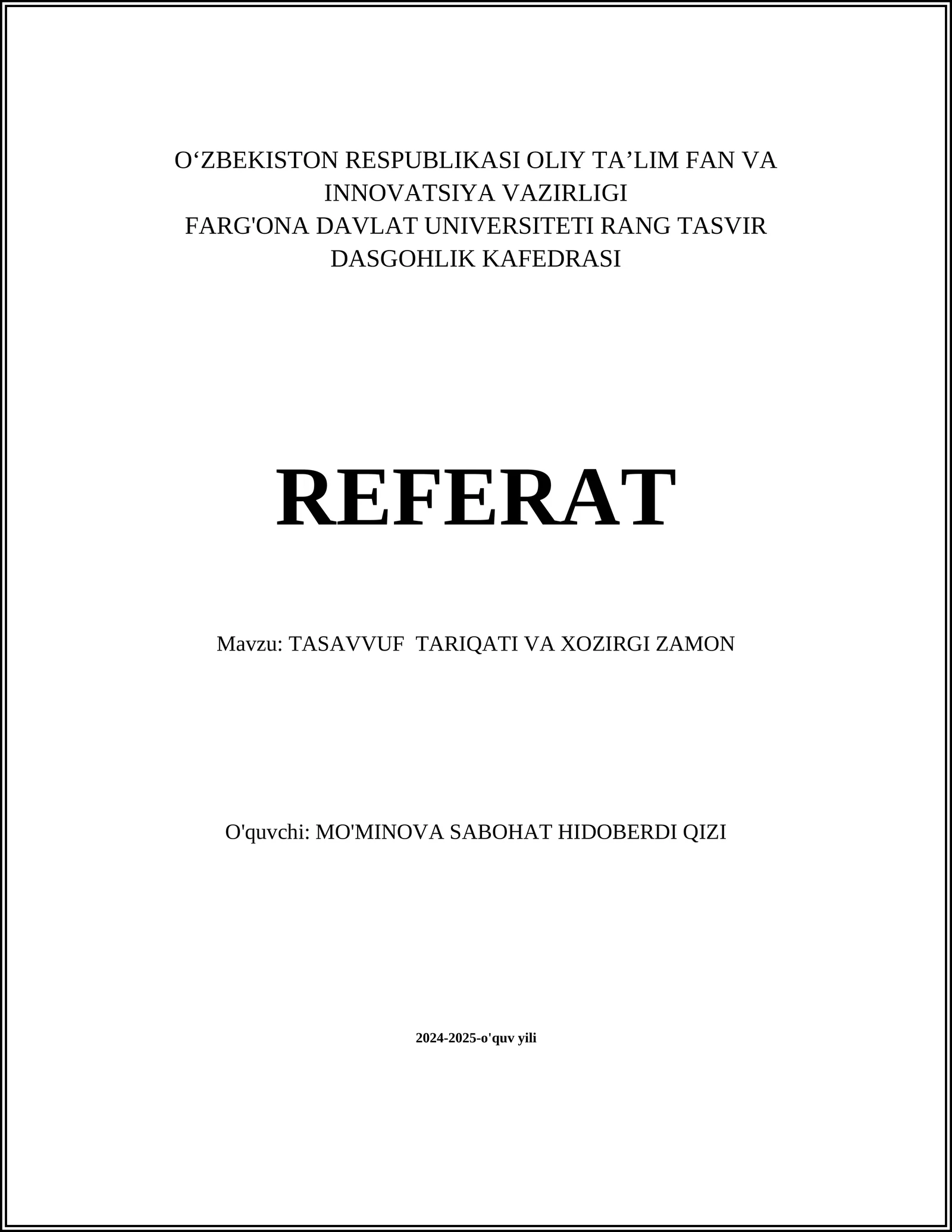 TASAVVUF TARIQATI VA XOZIRGI ZAMON