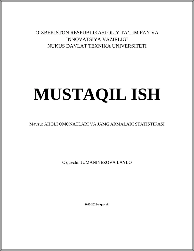AHOLI OMONATLARI VA JAMG'ARMALARI STATISTIKASI