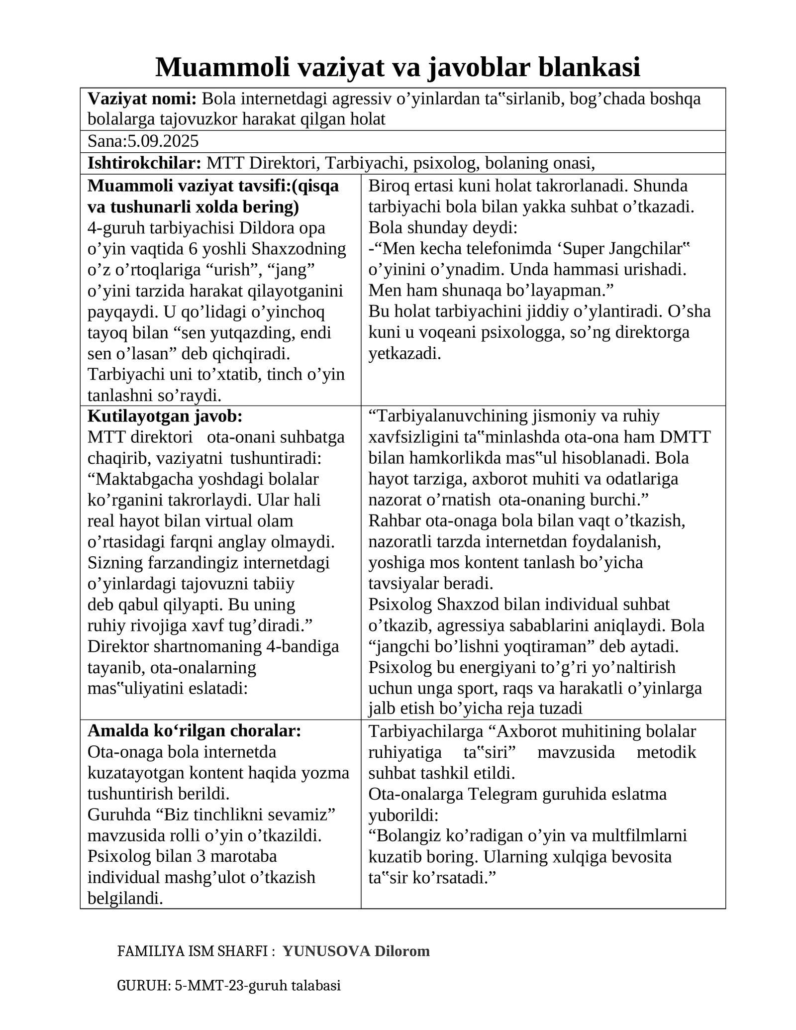 Muammoli vaziyat va javoblar blankasi