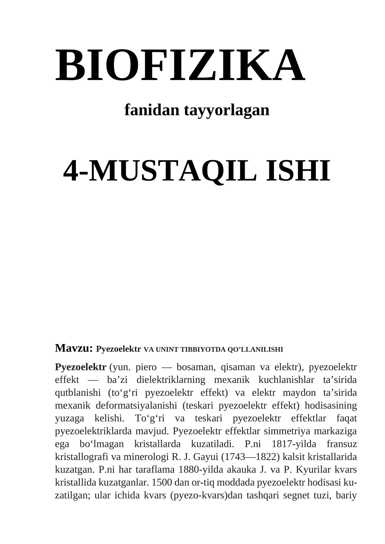Pyezoelektr VA UNINT TIBBIYOTDA QO’LLANILISHI