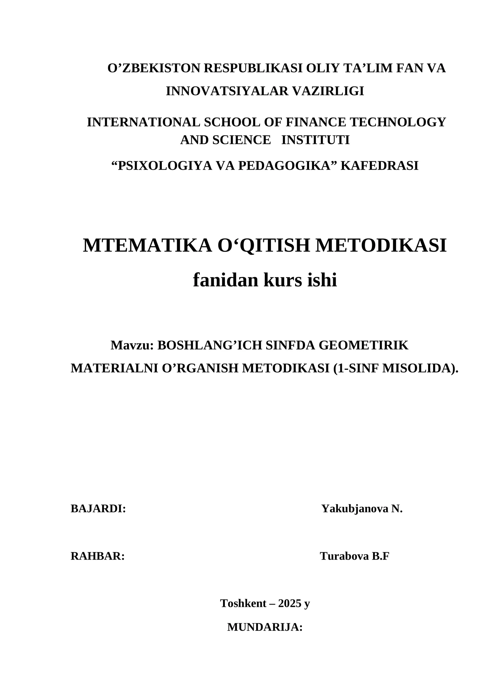 BOSHLANG’ICH SINFDA GEOMETIRIK MATERIALNI O’RGANISH METODIKASI (1-SINF MISOLIDA). KURS ISHI