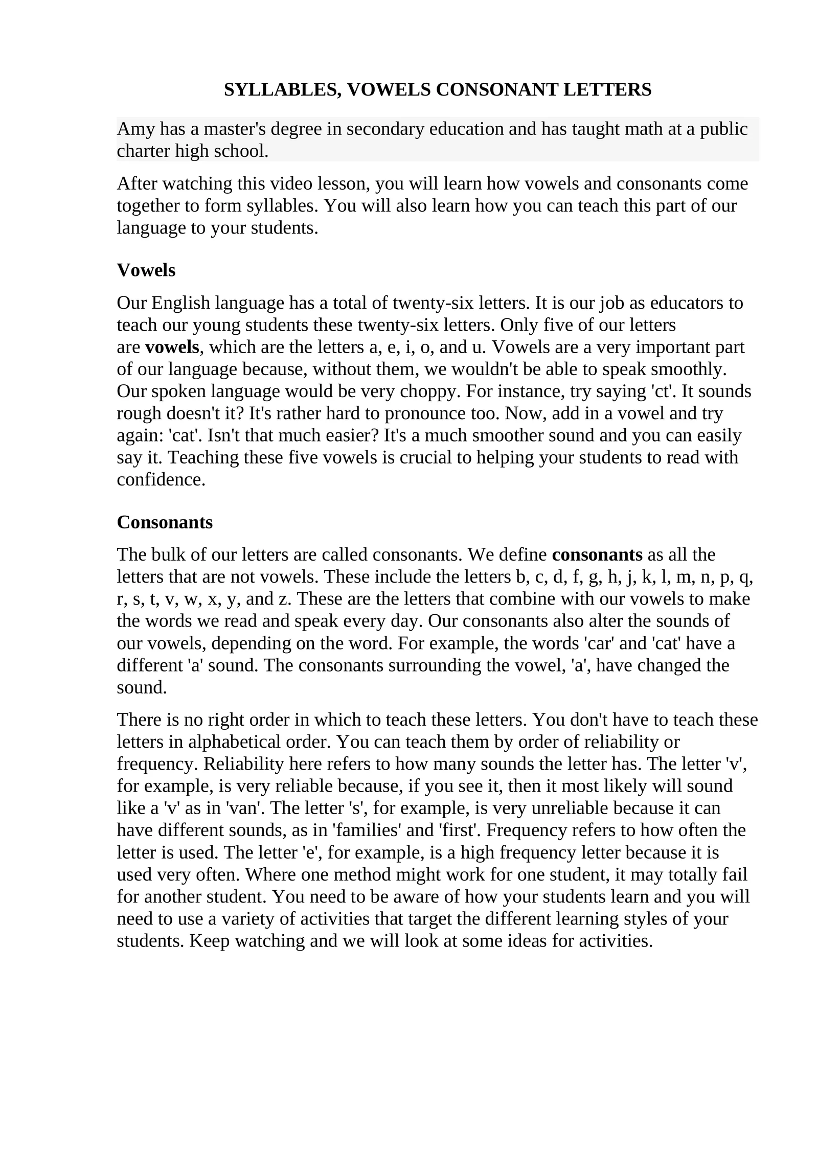 Vowels and Consonants Lesson
