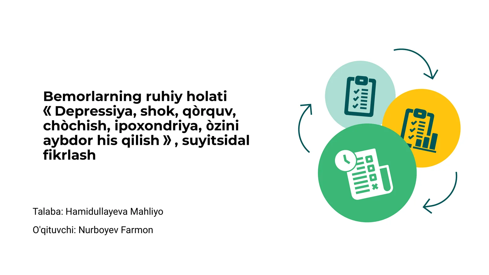 Bemorlarning ruhiy holati: Depressiya, shok, qòrquv, chòchish, ipoxondriya, òzini aybdor his qilish