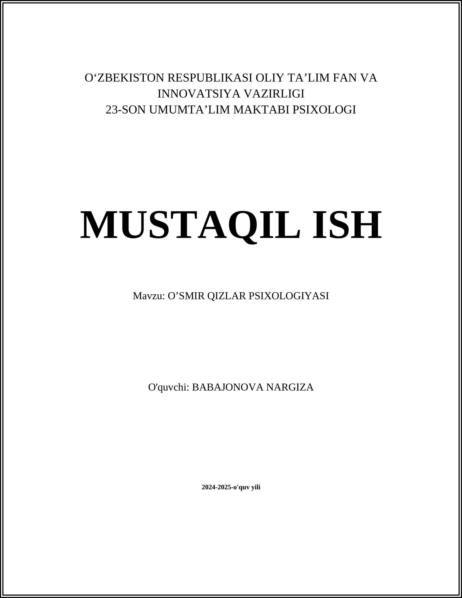 OʼSMIR QIZLAR PSIXOLOGIYASI