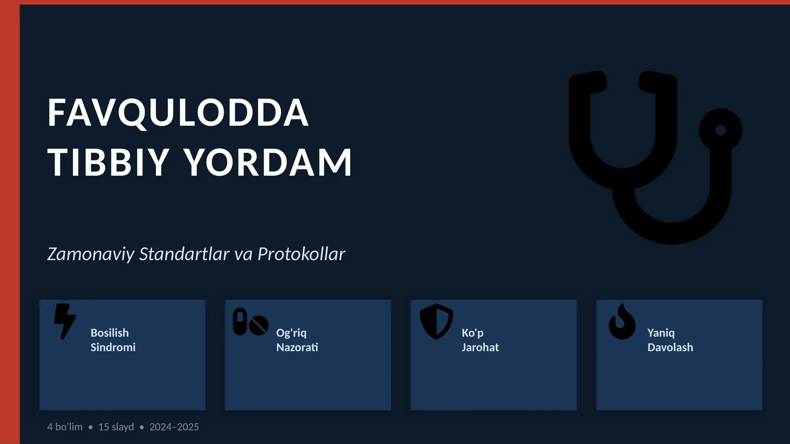Uzoq muddatli bosilish sindromi birinchi tibbiy yordam ko‘rsatish. Og‘riqni nazorat qilishda zamonaviy standartlar. Kombinatsiyalangan va qo‘shma jaroxatlarida tibbiy yordam ko‘rsatish. Terini kimyoviy va termik shikastlarida zamonaviy yondashuvlar.