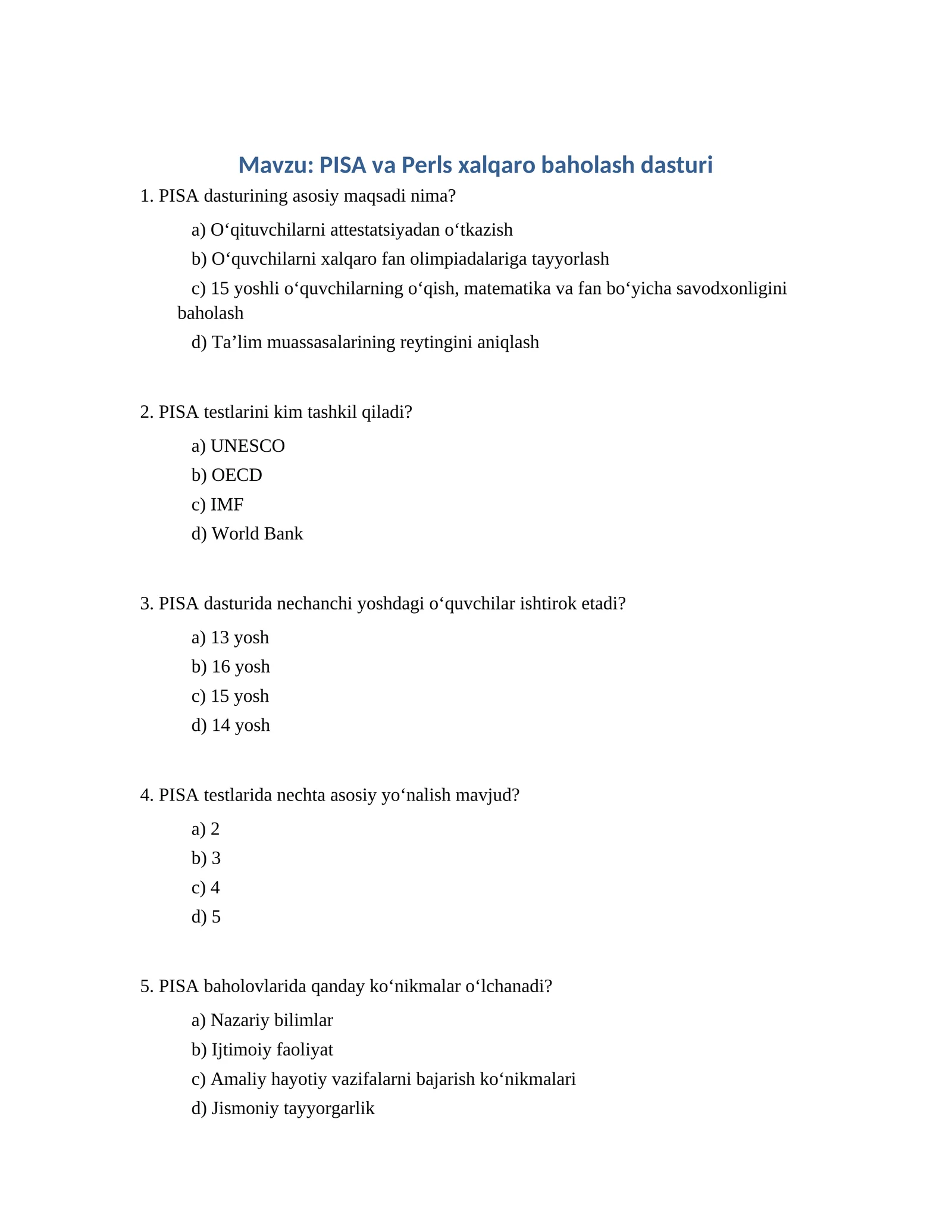PISA va Perls xalqaro baholash dasturi