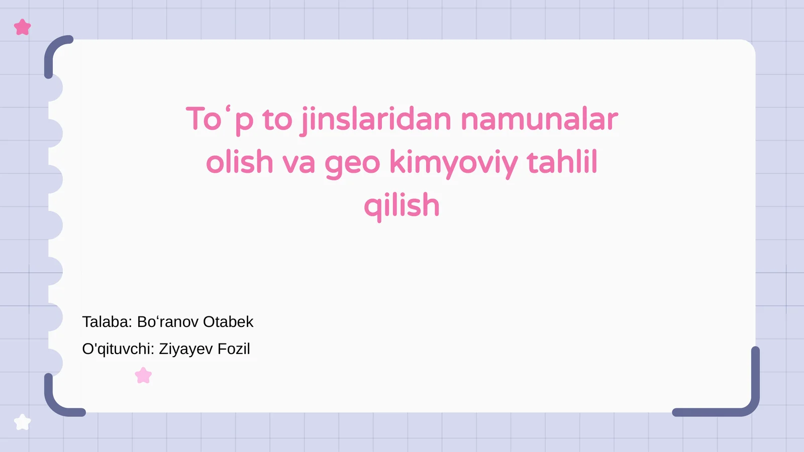 Toʻp jinslaridan namunalar olish va geo kimyoviy tahlil qilish
