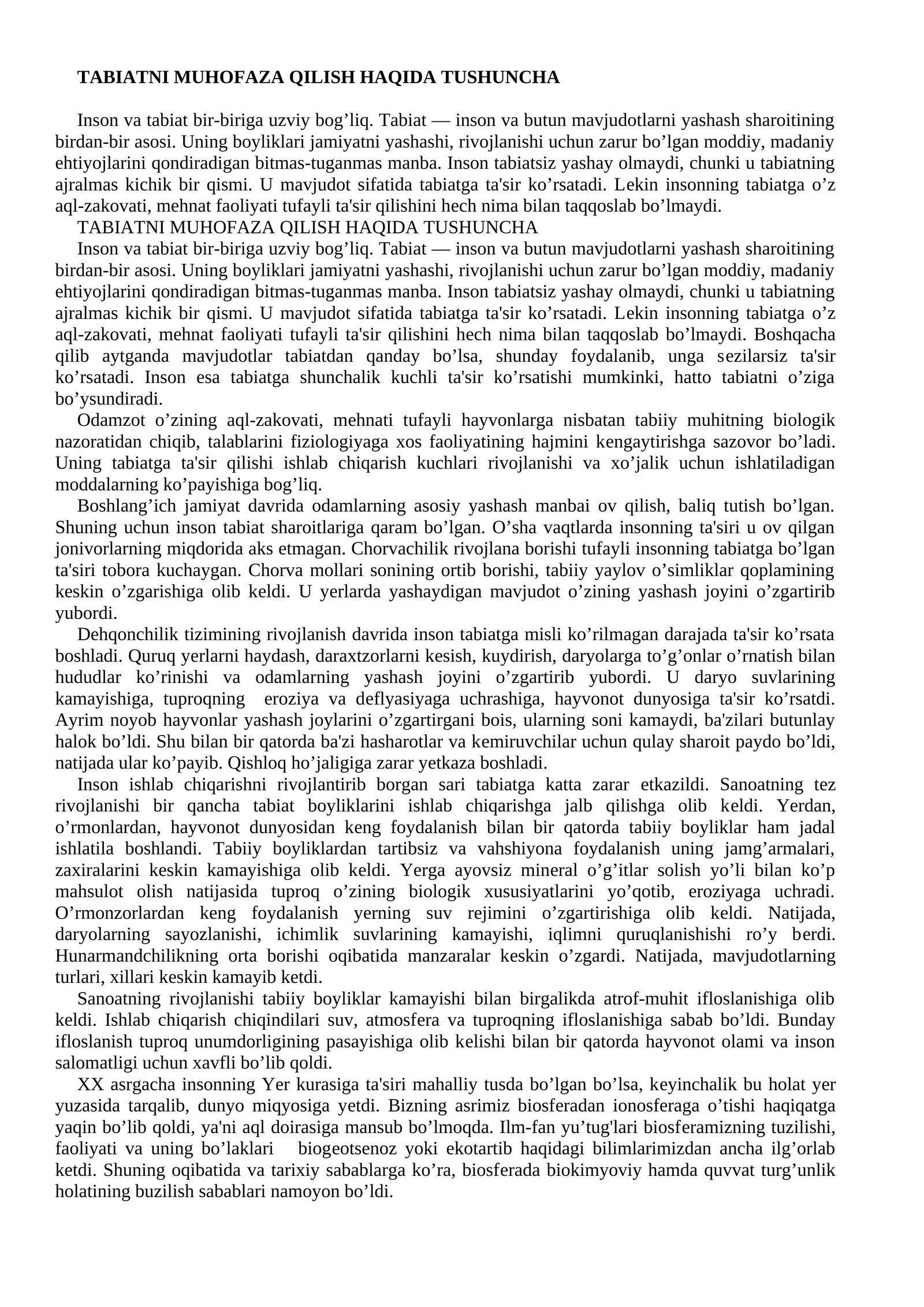TABIATNI MUHOFAZA QILISH HAQIDA TUSHUNCHA