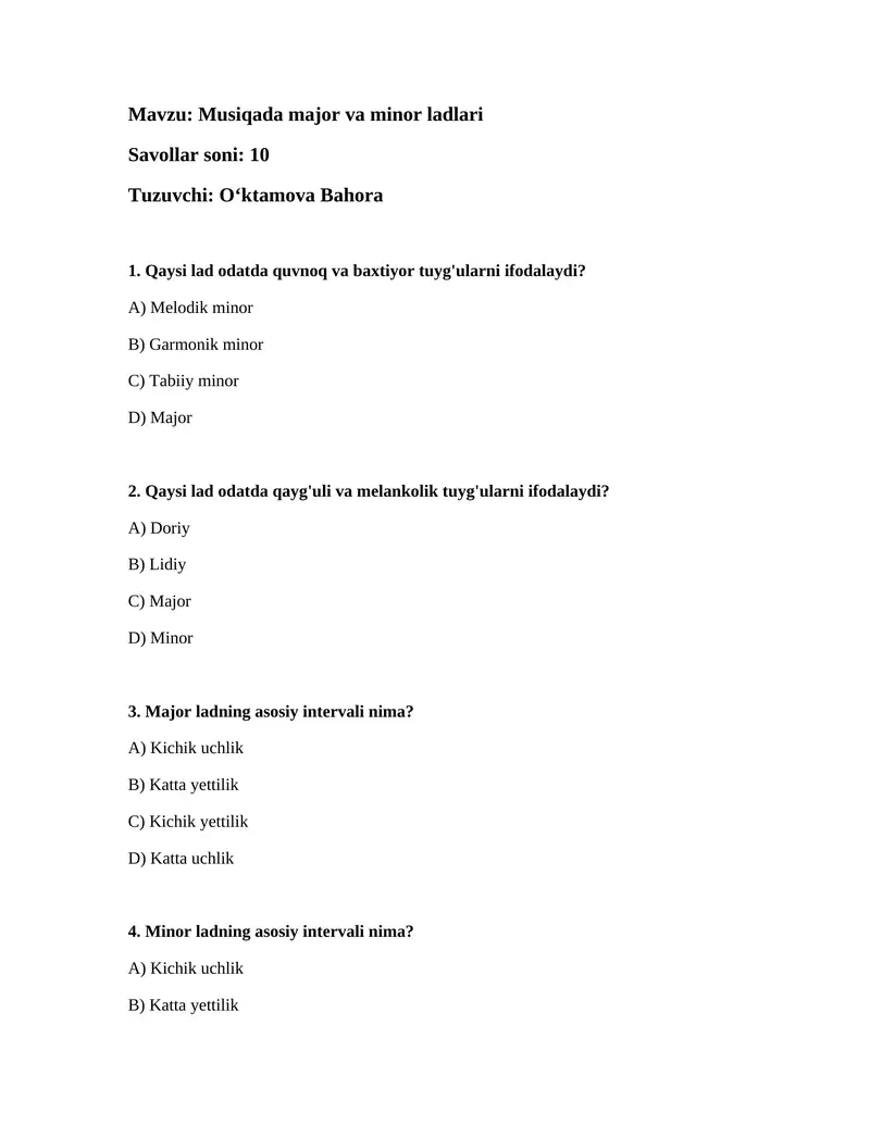 Musiqada major va minor ladlari