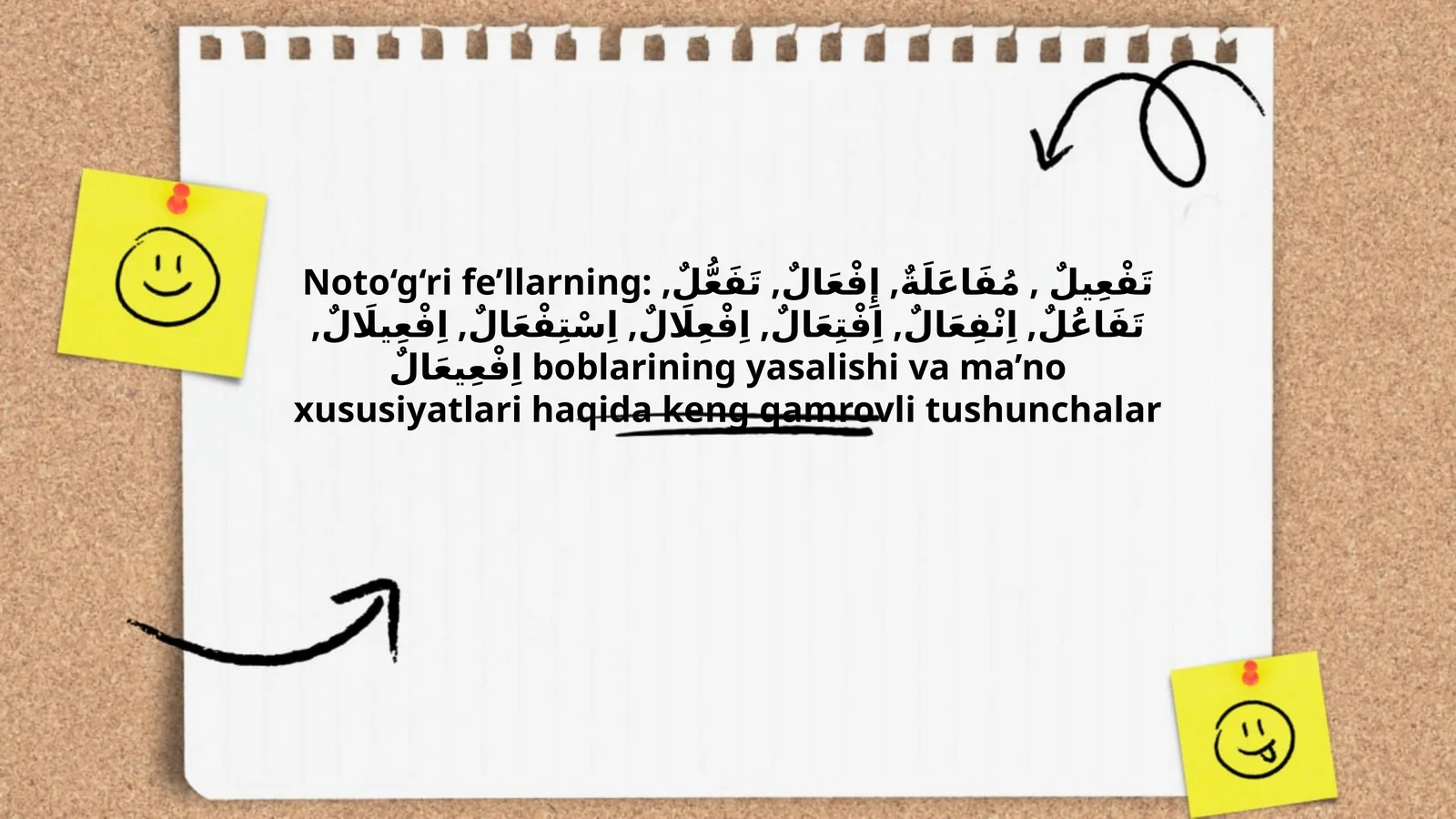 Noto‘g‘ri fe’llarning: تَفْعِيلٌ, مُفَاعَلَةٌ, إِفْعَالٌ, تَفَعُّلٌ, تَفَاعُلٌ, اِنْفِعَالٌ, اِفْتِعَالٌ, اِفْعِلَالٌ, اِسْتِفْعَالٌ, اِفْعِيلَالٌ, اِفْعِيعَالٌ boblarining yasalishi va ma’no xususiyatlari haqida keng qamrovli tushunchalar