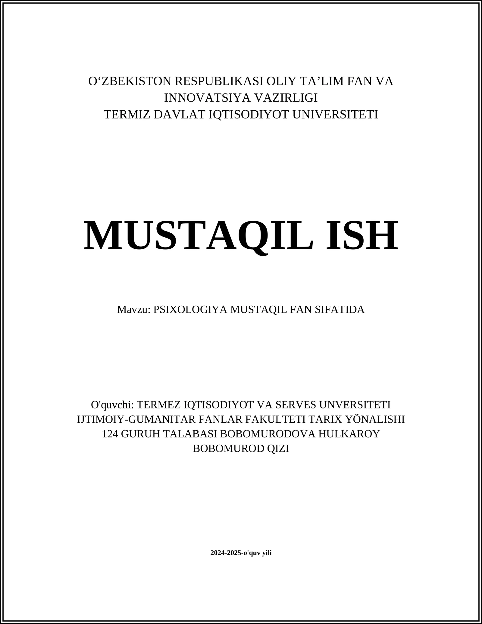 PSIXOLOGIYA MUSTAQIL FAN SIFATIDA