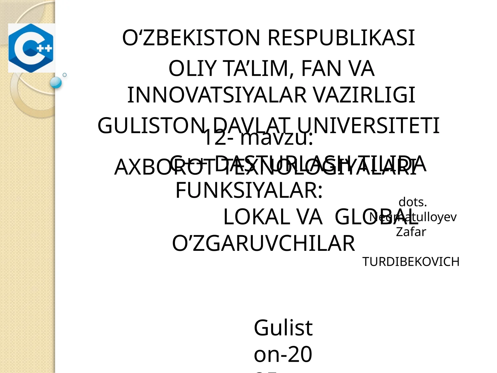 C++ DASTURLASH TILIDA FUNKSIYALAR