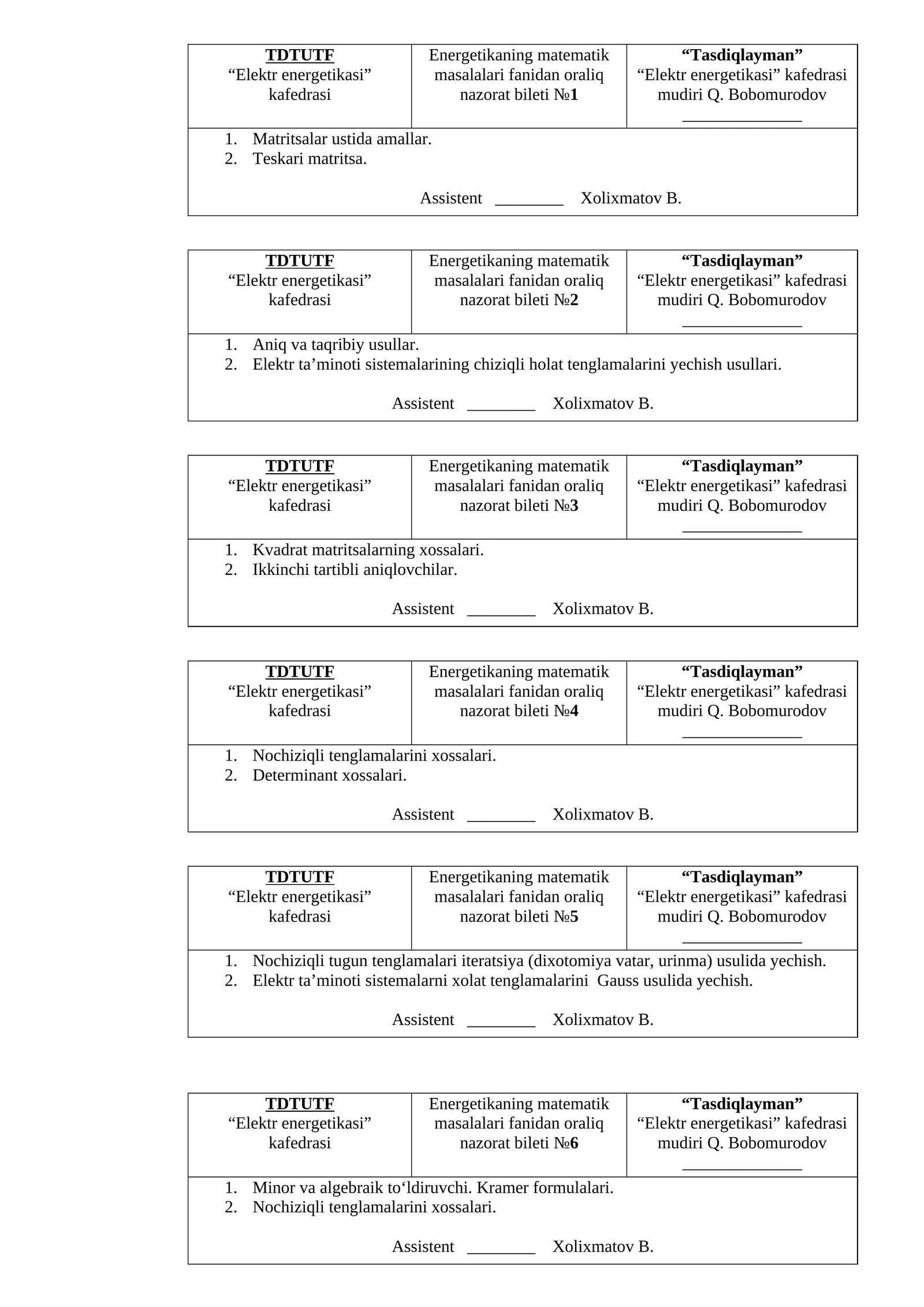 Energetikaning matematik masalalari fanidan oraliq nazorat bileti №1