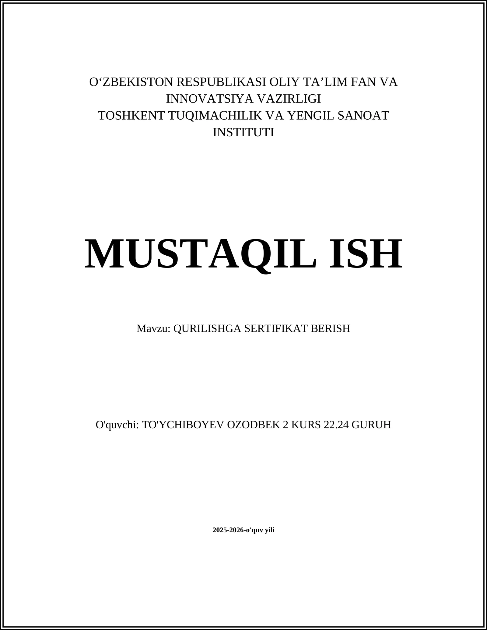 QURILISHGA SERTIFIKAT BERISH