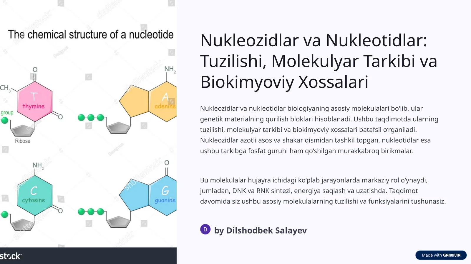 Nukleozidlar va Nukleotidlar: Tuzilishi, Molekulyar Tarkibi va Biokimyoviy Xossalari