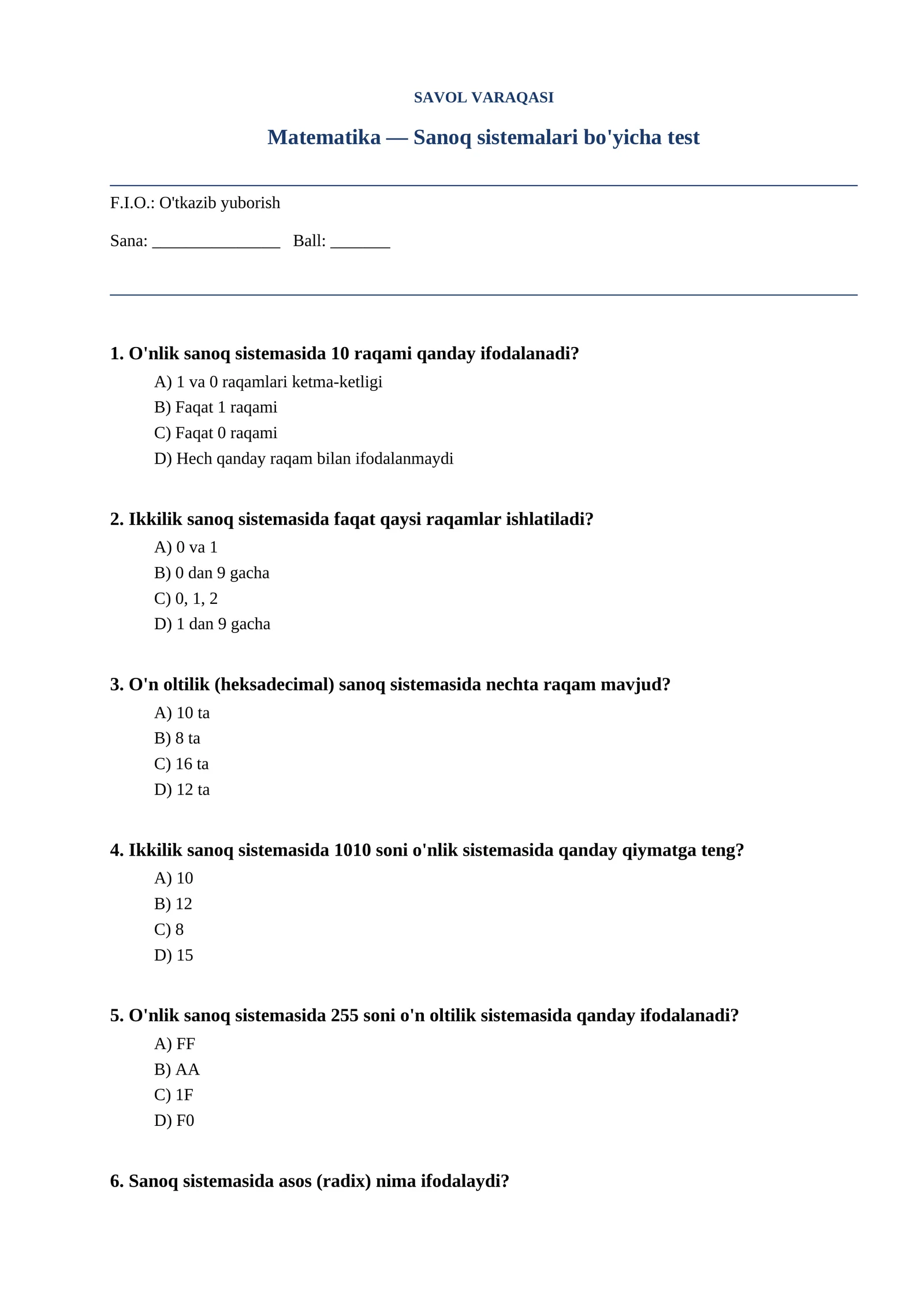 Sanoq sistemalari bo'yicha test