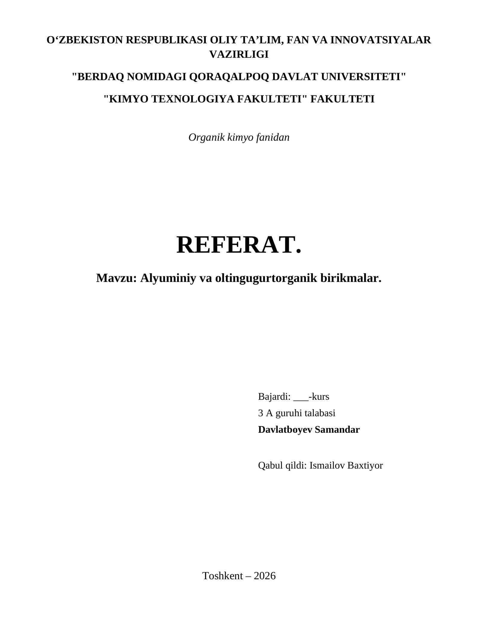 Alyuminiy va oltingugurtorganik birikmalar.
